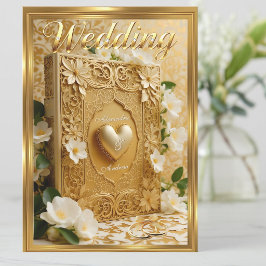 Elegant Wedding Book Gold Heart White Flowers 招待状