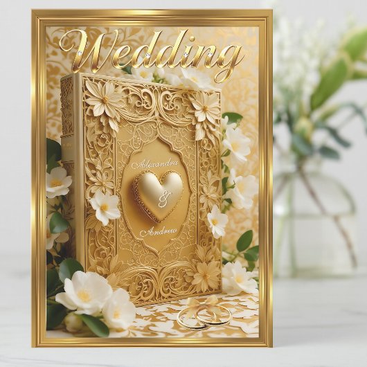 Elegant Wedding Book Gold Heart White Flowers 招待状