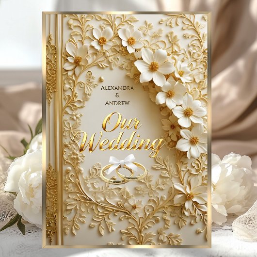 Elegant Wedding Book Ornate Gold White Floral 招待状
