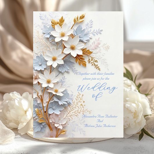 Elegant Wedding Cornflower Blue White Gold Flowers 招待状