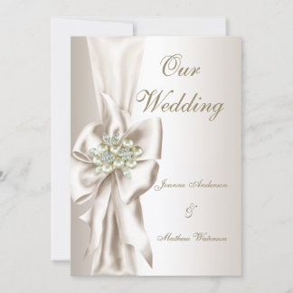 Elegant Wedding Damask Pearl Cream White Bow 2 招待状