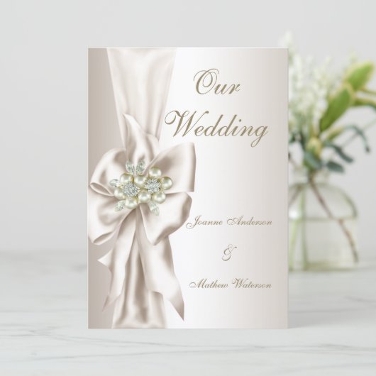 Elegant Wedding Damask Pearl Cream White Bow 2 招待状 (スタンド正面)