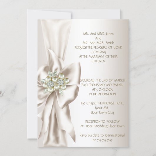 Elegant Wedding Damask Pearl Cream White Bow 2 招待状 (裏面)