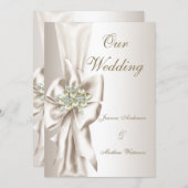 Elegant Wedding Damask Pearl Cream White Bow 2 招待状 (正面/裏面)