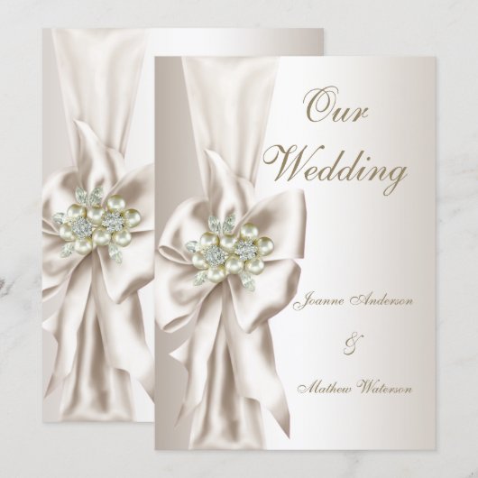 Elegant Wedding Damask Pearl Cream White Bow 2 招待状 (正面/裏面)