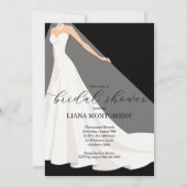 Elegant Wedding Dress on Black Bridal Shower 招待状 (正面)