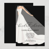 Elegant Wedding Dress on Black Bridal Shower 招待状 (正面/裏面)