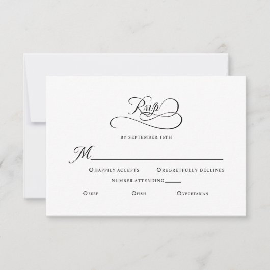 Elegant Wedding Enclosure Black White Calligraphy 出欠カード (正面)