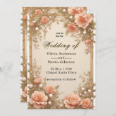 Elegant Wedding Flora Frame With Soft Pink Flowers 招待状 (正面/裏面)