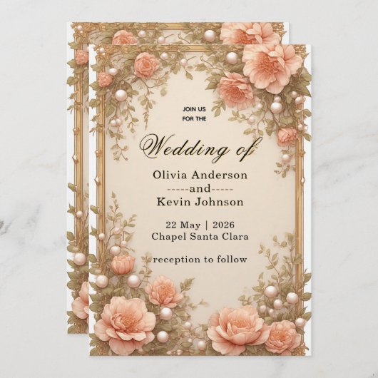 Elegant Wedding Flora Frame With Soft Pink Flowers 招待状 (正面/裏面)