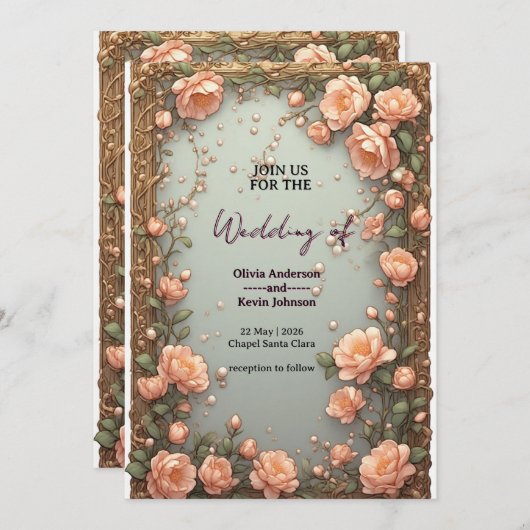 Elegant Wedding Flora Frame With Soft Pink Flowers 招待状 (正面/裏面)