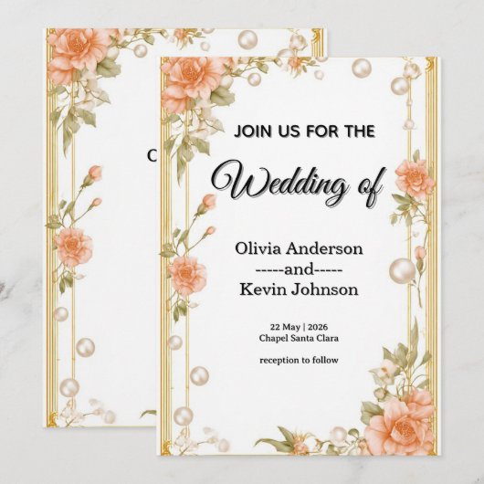 Elegant Wedding Flora Frame With Soft Pink Flowers 招待状 (正面/裏面)