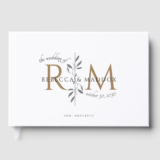 Elegant Wedding Gold Botanical Monogram ゲストブック (正面)