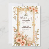 Elegant Wedding Gold Frame With Soft Pink Flowers 招待状 (正面)