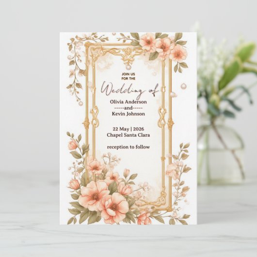 Elegant Wedding Gold Frame With Soft Pink Flowers 招待状 (スタンド正面)