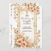 Elegant Wedding Gold Frame With Soft Pink Flowers 招待状 (正面/裏面)