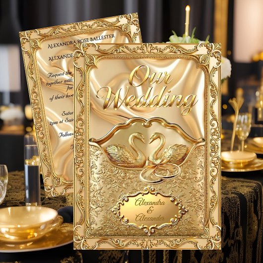Elegant Wedding Golden Swans Rings Gold Diamonds 招待状