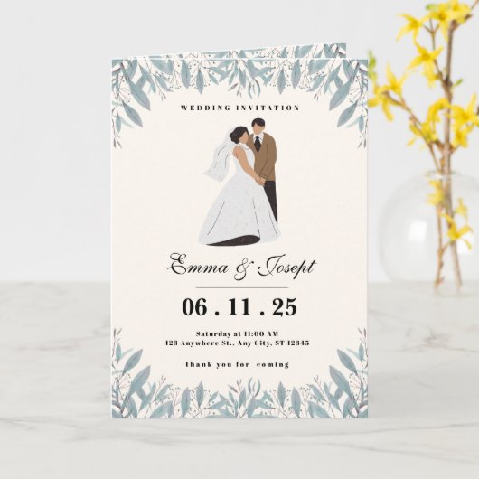 Elegant Wedding Invitation Card with Bride & Groom カード (黄色い花)