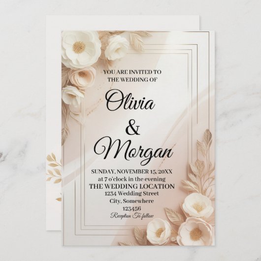 Elegant Wedding Invitation Pampas Grass Flora 招待状 (正面/裏面)
