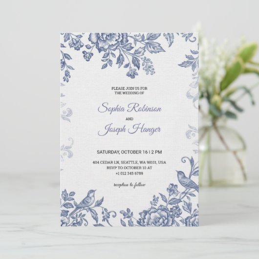 Elegant wedding invitation with blue floral 招待状 (スタンド正面)