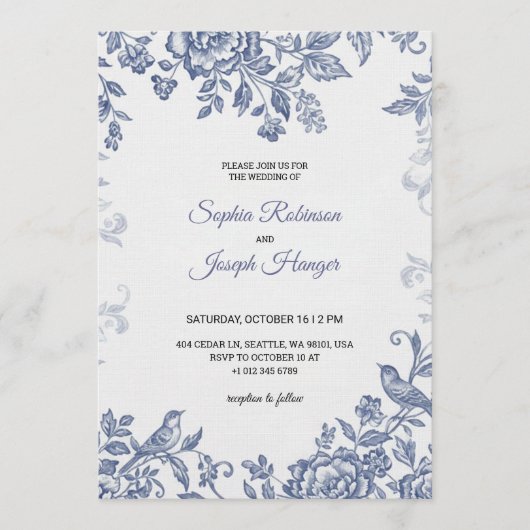 Elegant wedding invitation with blue floral  招待状 (正面)