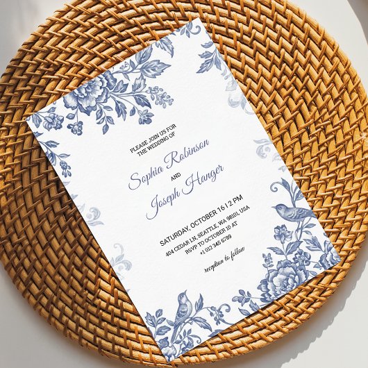 Elegant wedding invitation with blue floral  招待状