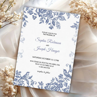 Elegant wedding invitation with blue floral  招待状