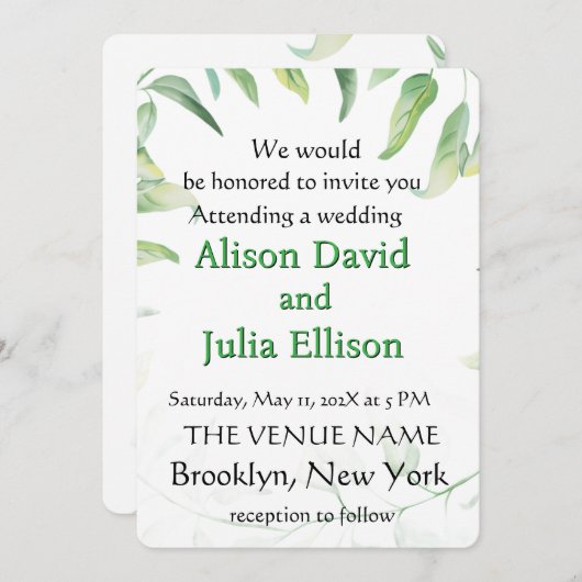 Elegant wedding invitation with green leaves 招待状 (正面/裏面)