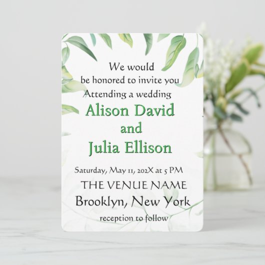 Elegant wedding invitation with green leaves 招待状 (スタンド正面)
