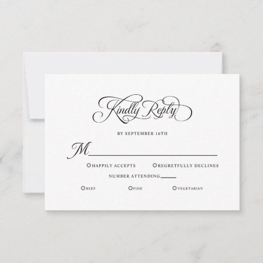 Elegant Wedding Kindly Reply Calligraphy Black 出欠カード (正面)