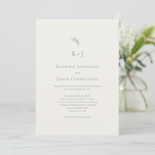 Elegant Wedding Minimal Sage Green Monogram 招待状 (スタンド正面)