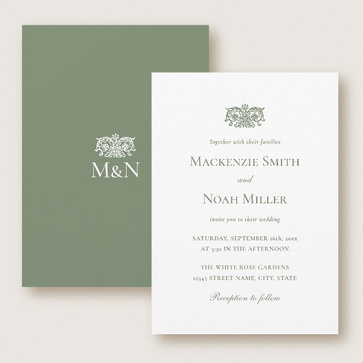 Elegant Wedding Monogram Invitation Ornate Green 招待状