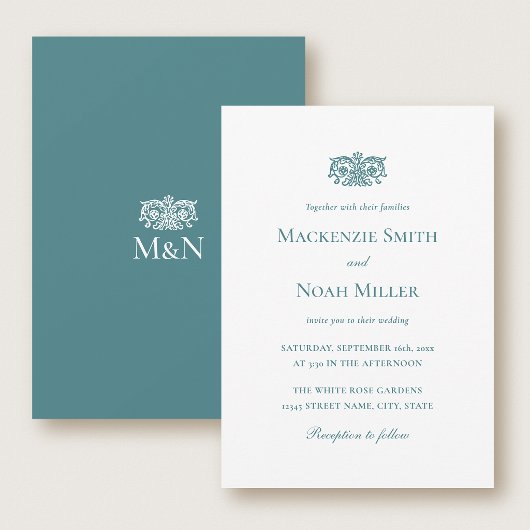 Elegant Wedding Monogram Invitation Ornate Teal 招待状