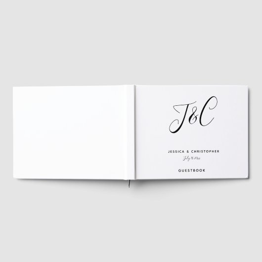 Elegant Wedding Monogram Modern Script Black White ゲストブック (全面)
