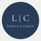 Elegant Wedding Monogram Navy Blue ラウンドシール (正面)