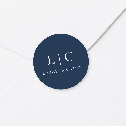 Elegant Wedding Monogram Navy Blue ラウンドシール