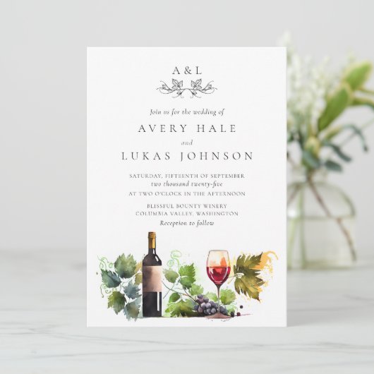 Elegant Wedding Monogram Watercolor Winery 招待状 (スタンド正面)