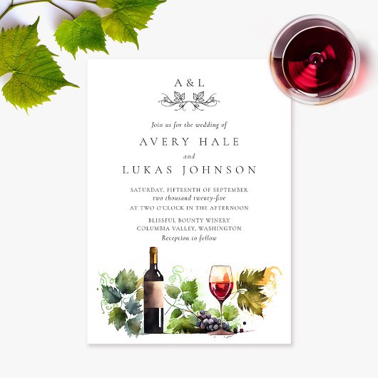 Elegant Wedding Monogram Watercolor Winery 招待状