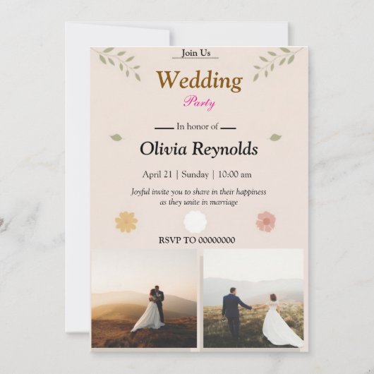 Elegant Wedding Party Invitation with Photo 招待状 (正面)