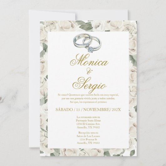 Elegant Wedding ringt Invitation in Spanish 招待状 (正面)