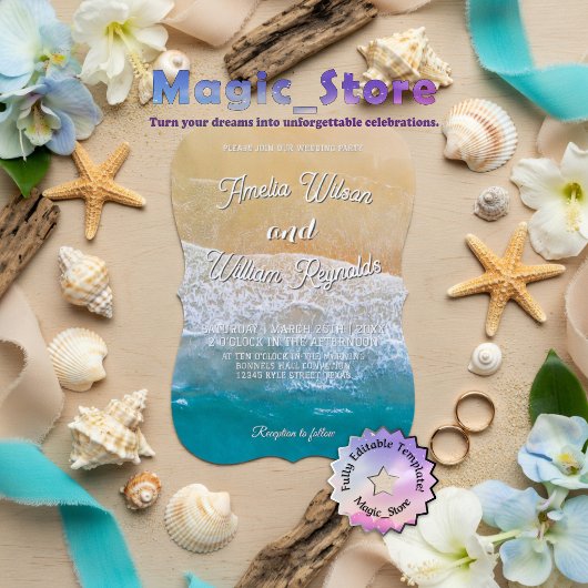 Elegant Wedding Sea Waves Sand Beach 招待状