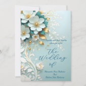 Elegant Wedding Teal Blue White Gold Floral ornate 招待状 (正面)