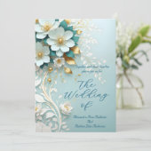 Elegant Wedding Teal Blue White Gold Floral ornate 招待状 (スタンド正面)