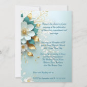 Elegant Wedding Teal Blue White Gold Floral ornate 招待状 (裏面)