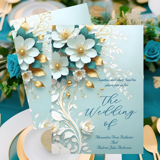 Elegant Wedding Teal Blue White Gold Floral ornate 招待状