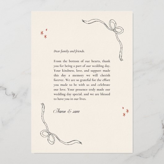 Elegant Wedding Thank-You Card – Ribbon Corners wi 箔招待状 (正面)