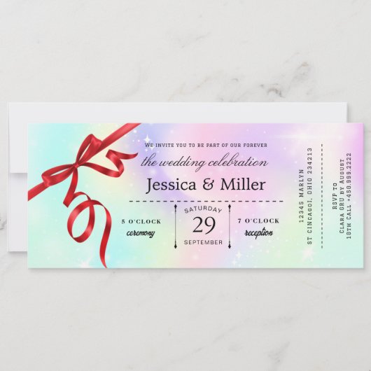 Elegant Wedding Ticket Invitation with Red Ribbon 招待状 (正面)
