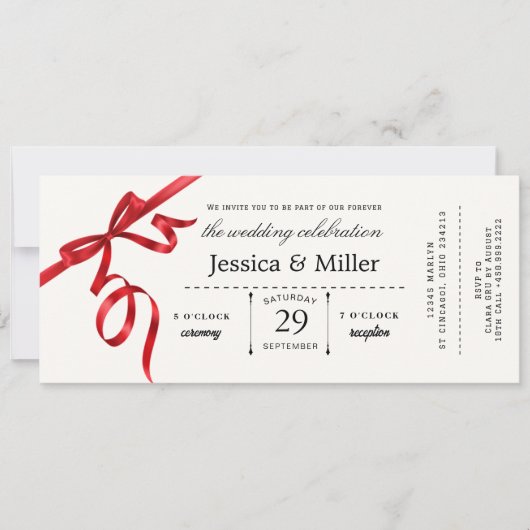 Elegant Wedding Ticket Invitation with Red Ribbon 招待状 (正面)