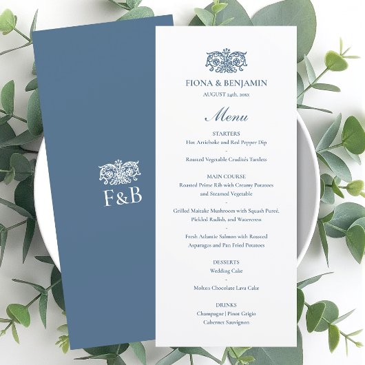Elegant Wedding Vintage Floral Monogram Blue メニュー