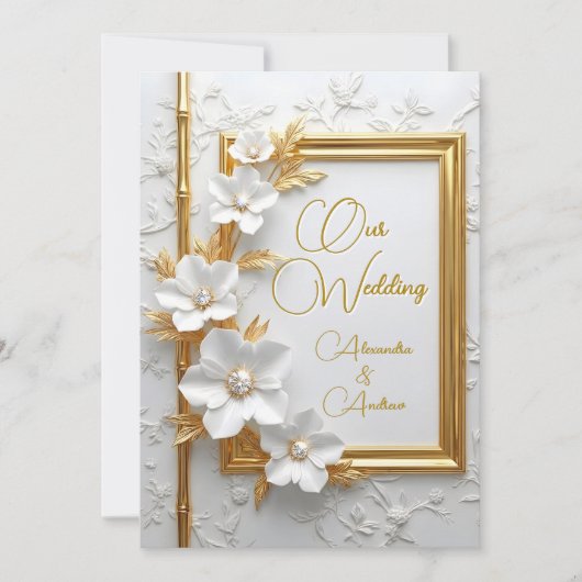 Elegant Wedding White Embossed Gold Diamond Floral 招待状 (正面)